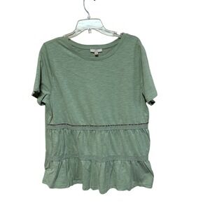 COMO VINTAGE Women's XXL Green Beaded Lace Detail T-Shirt Boho Ruffle